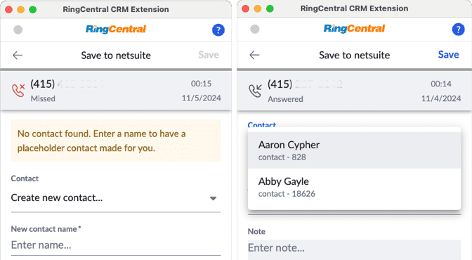 RingCentral App Connect call logging